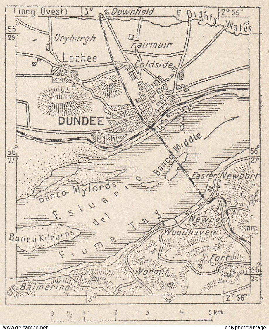 Scozia, Dundee E Territorio, 1907 Carta Geografica Epoca, Vintage Map - Cartes Géographiques