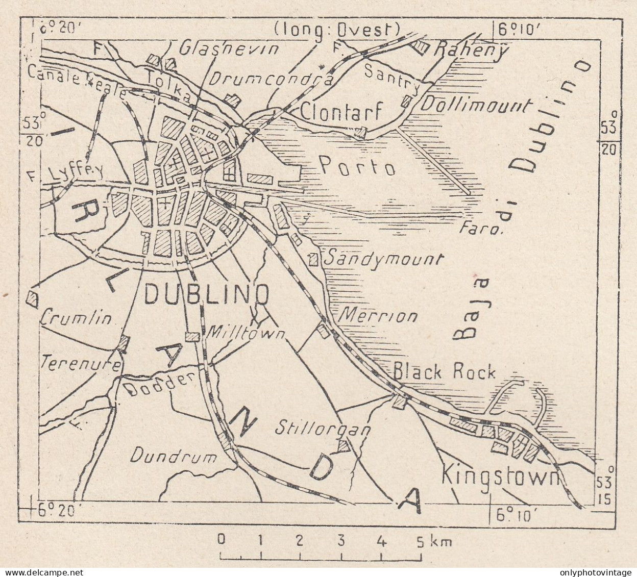 Irlanda, Dublino Con Kingstown, 1907 Carta Geografica Epoca, Vintage Map - Cartes Géographiques