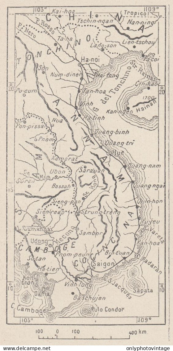 Asia, Annam, 1907 Carta Geografica Epoca, Vintage Map - Carte Geographique