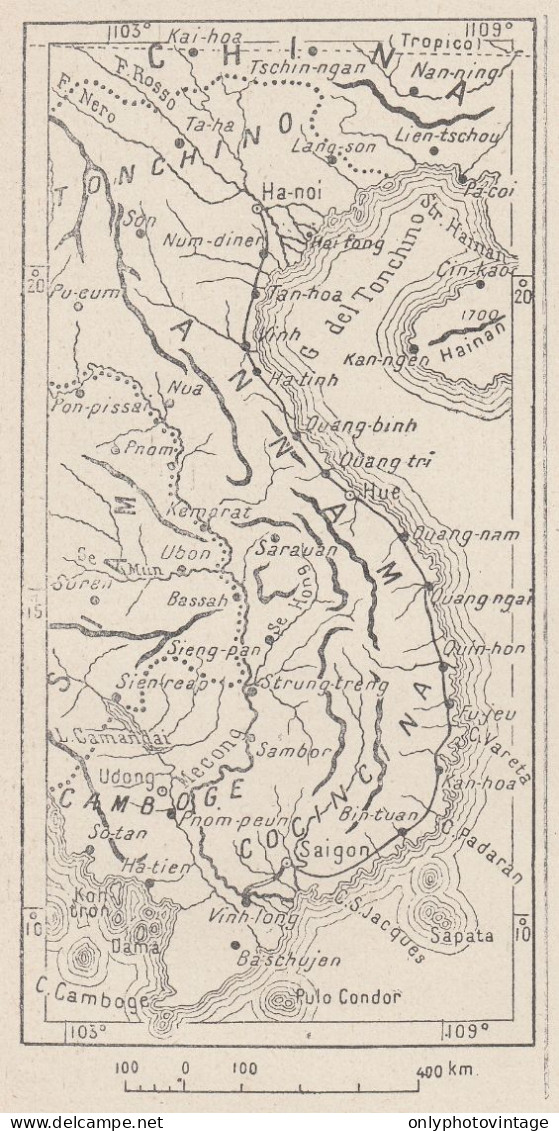 Asia, Annam, 1907 Carta Geografica Epoca, Vintage Map - Landkarten