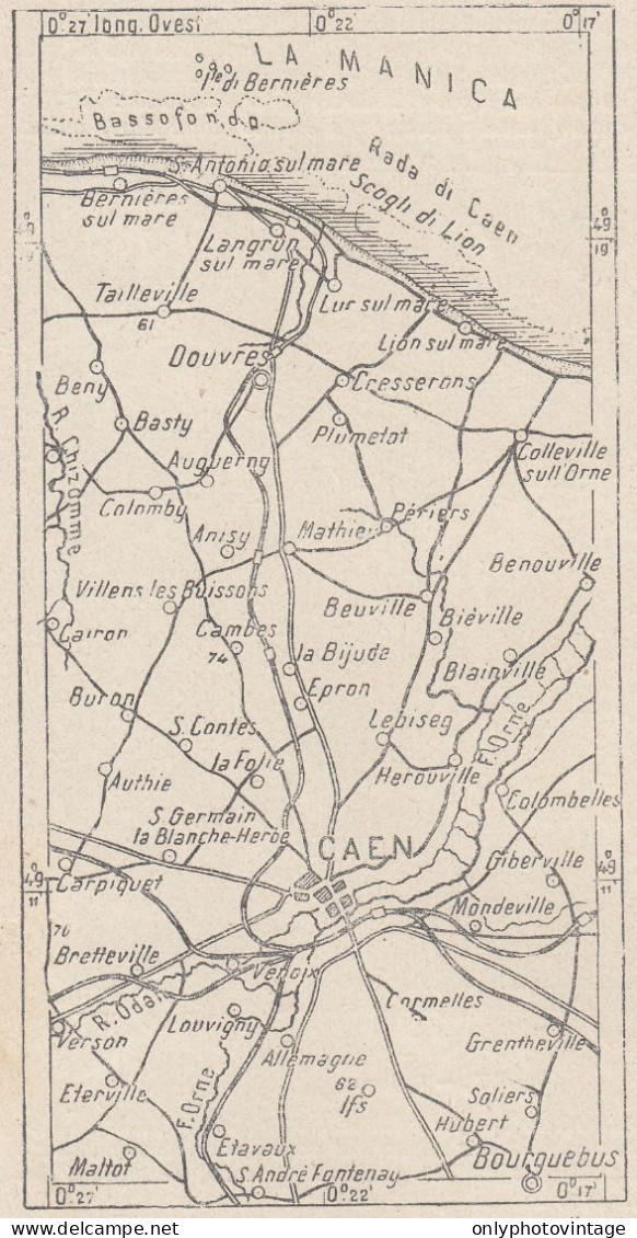 Francia, Caen E Dintorni, 1907 Carta Geografica Epoca, Vintage Map - Mapas Geográficas