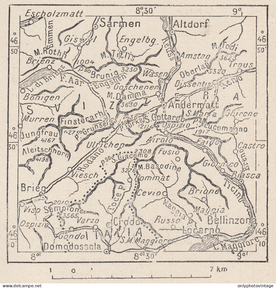 Svizzera, Gottardo E Conca Di Andermatt, 1907 Carta Geografica Vintage Map - Geographical Maps