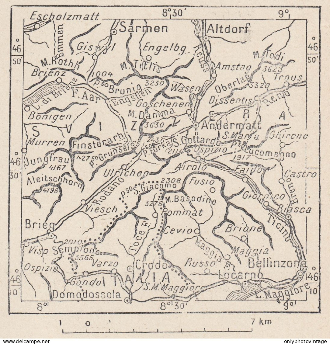 Svizzera, Gottardo E Conca Di Andermatt, 1907 Carta Geografica Vintage Map - Cartes Géographiques