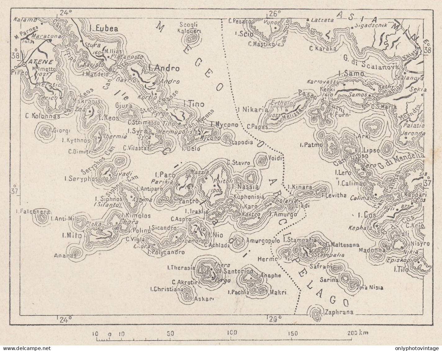 Arcipelago Della Grecia, 1907 Carta Geografica Epoca, Vintage Map - Landkarten