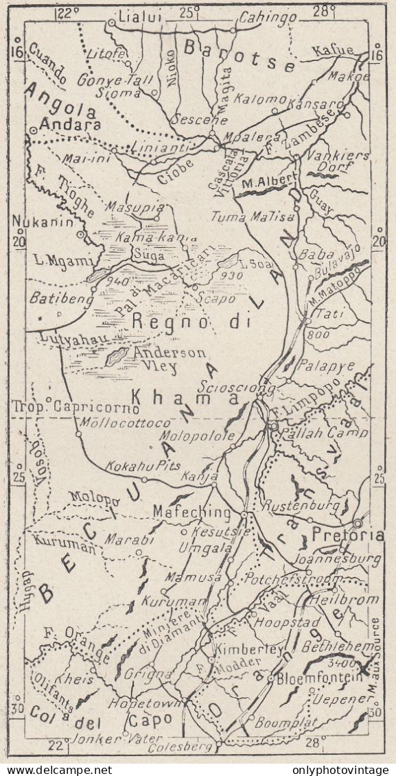 Africa, Bechuanaland, 1907 Carta Geografica Epoca, Vintage Map - Geographische Kaarten