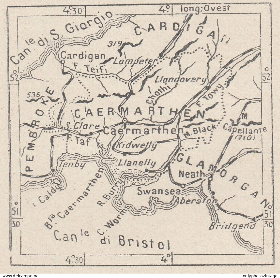 Regno Unito, Carmarthen E Dintorni, 1907 Carta Geografica, Vintage Map - Carte Geographique