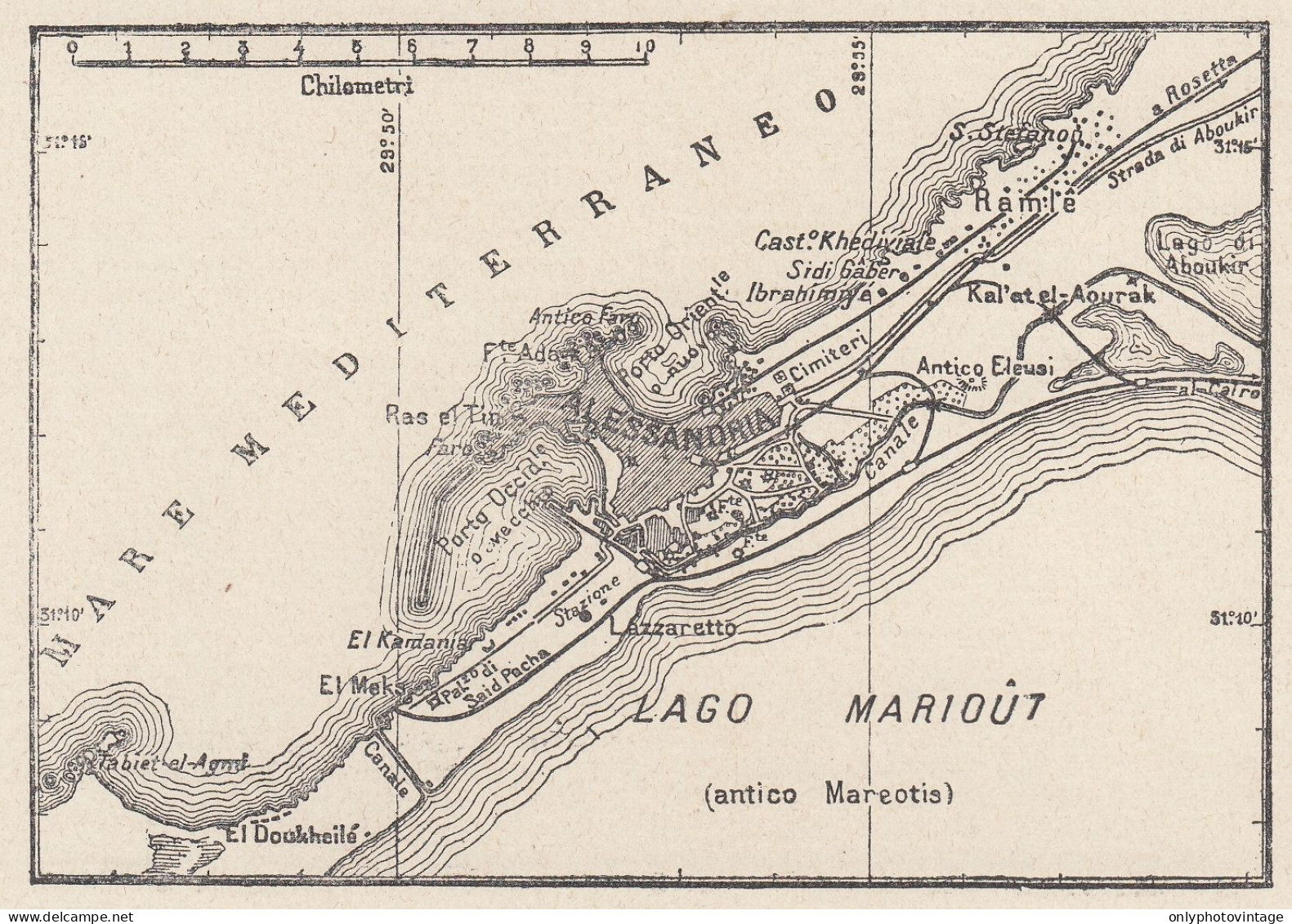 Egitto, Alessandria, 1907 Carta Geografica Epoca, Vintage Map - Cartes Géographiques