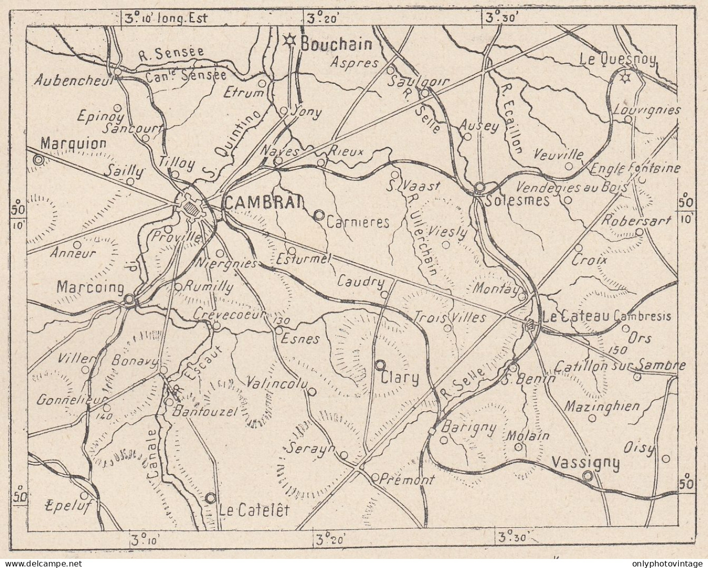 Francia, Cambrai E Dintorni, 1907 Carta Geografica Epoca, Vintage Map - Mapas Geográficas