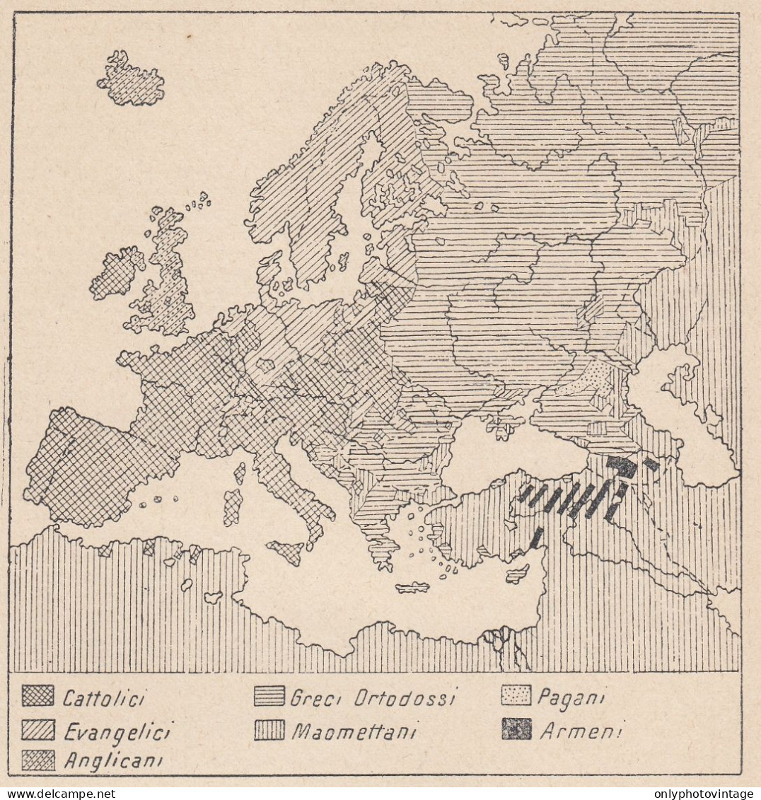 Europa, Religioni, 1907 Carta Geografica Epoca, Vintage Map - Cartes Géographiques