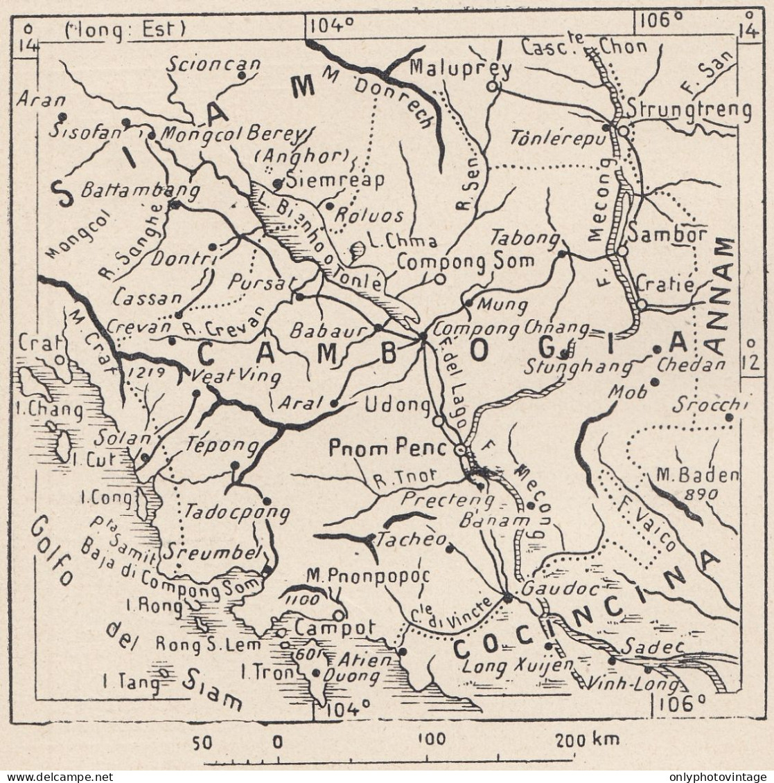 Asia, Cambogia, 1907 Carta Geografica Epoca, Vintage Map - Geographische Kaarten