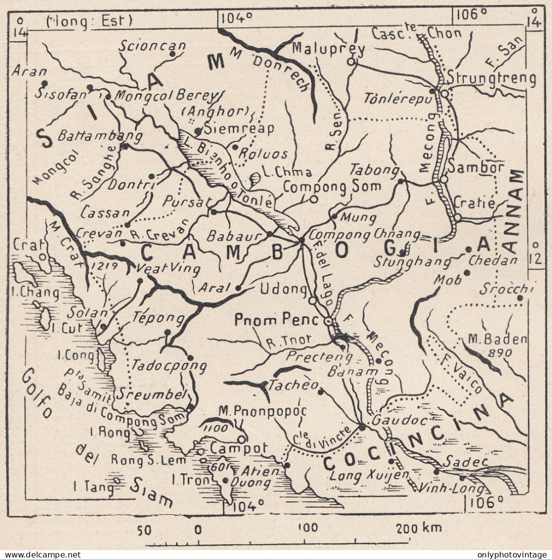 Asia, Cambogia, 1907 Carta Geografica Epoca, Vintage Map - Cartes Géographiques