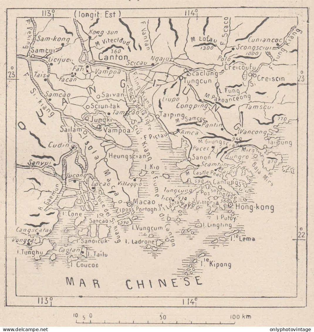 Cina, Canton E Dintorni, 1907 Carta Geografica Epoca, Vintage Map - Landkarten