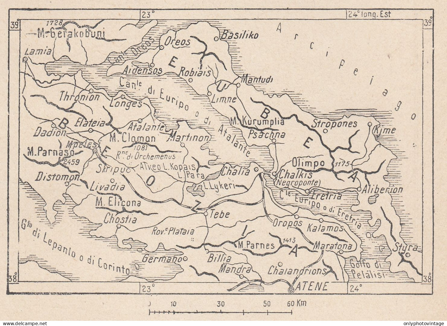 Grecia, Euripo, 1907 Carta Geografica Epoca, Vintage Map - Mapas Geográficas