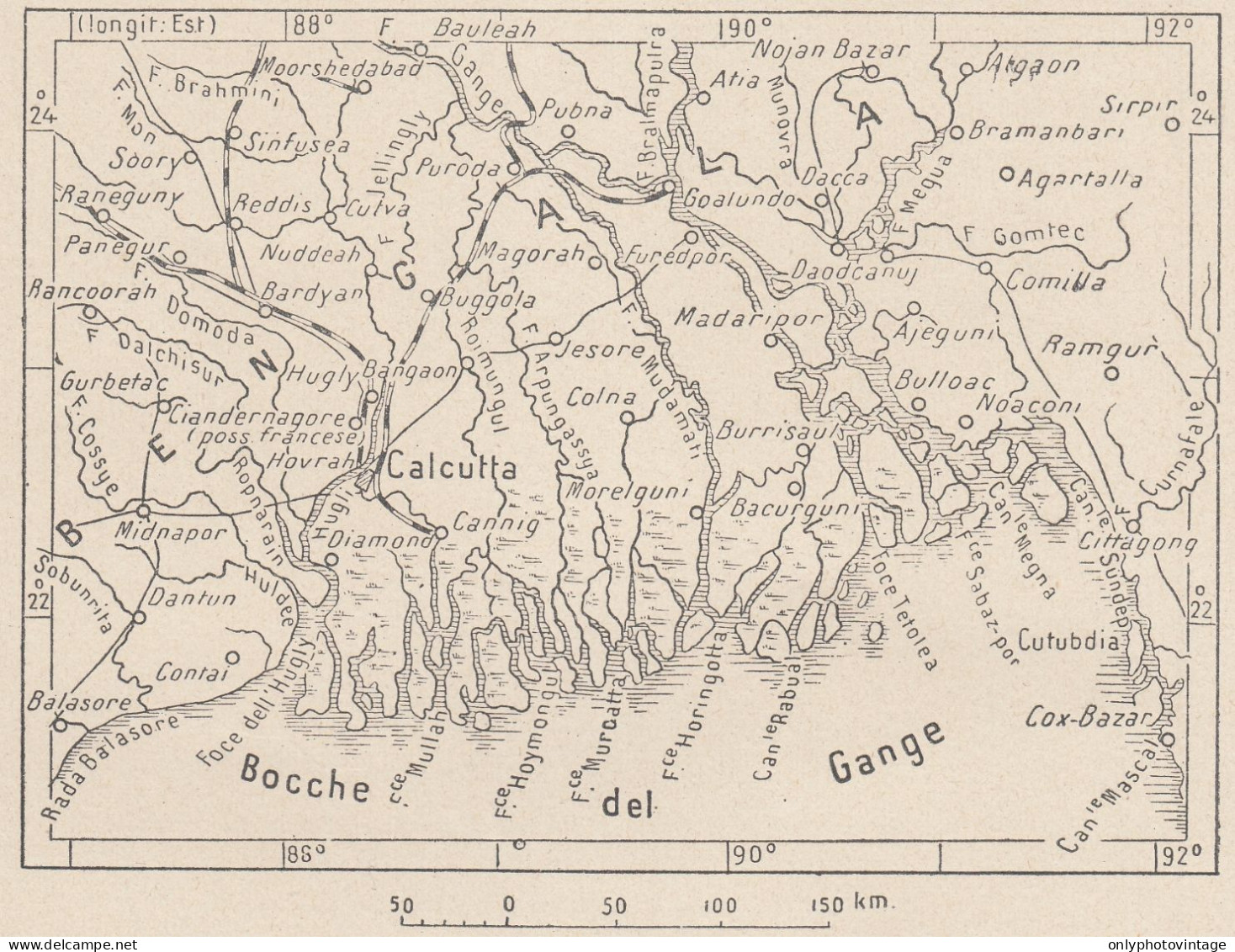 India, Calcutta E Dintorni, 1907 Carta Geografica Epoca, Vintage Map - Landkarten