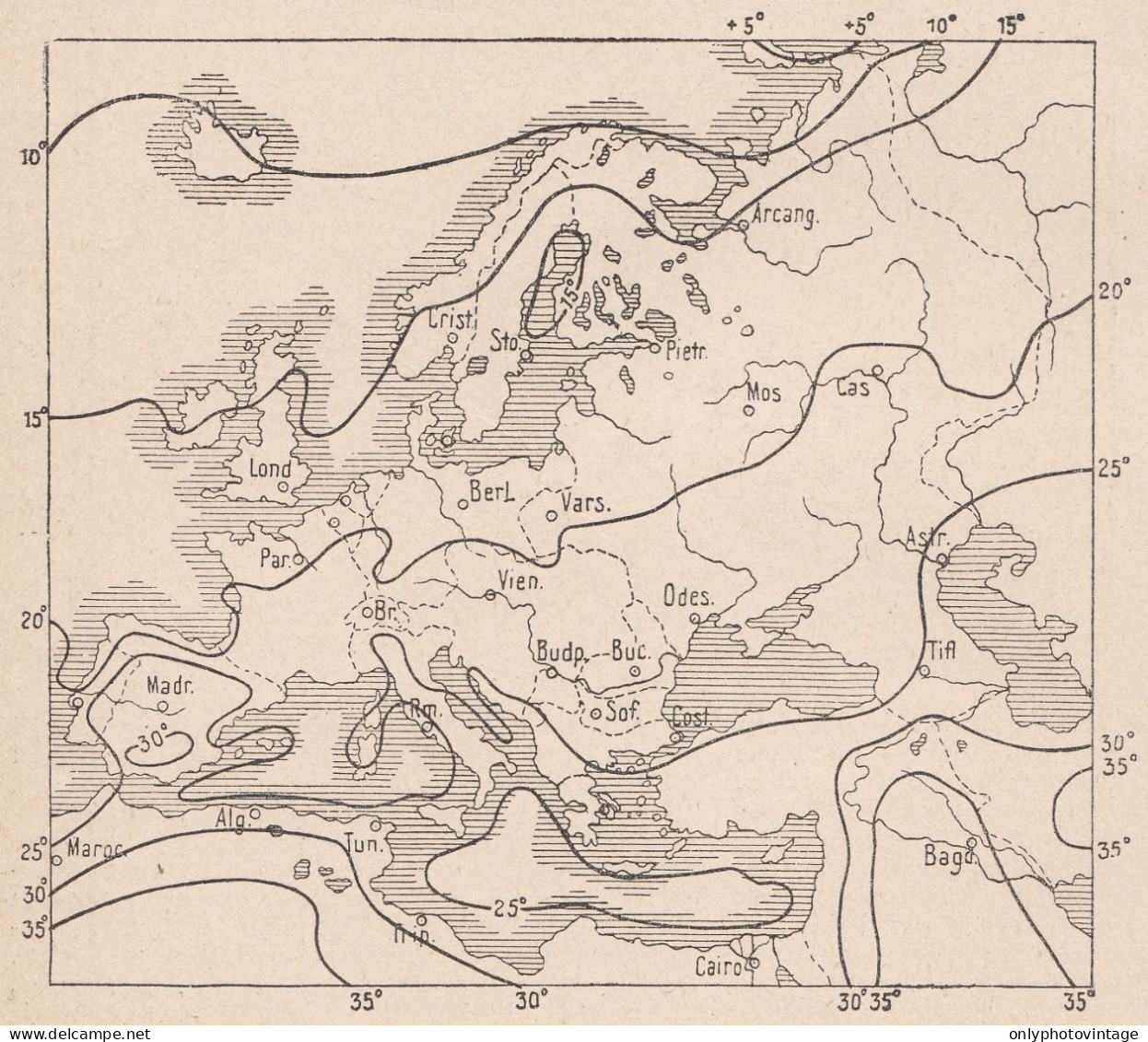 Europa, Isoterme Di Luglio, 1907 Carta Geografica Epoca, Vintage Map - Cartes Géographiques