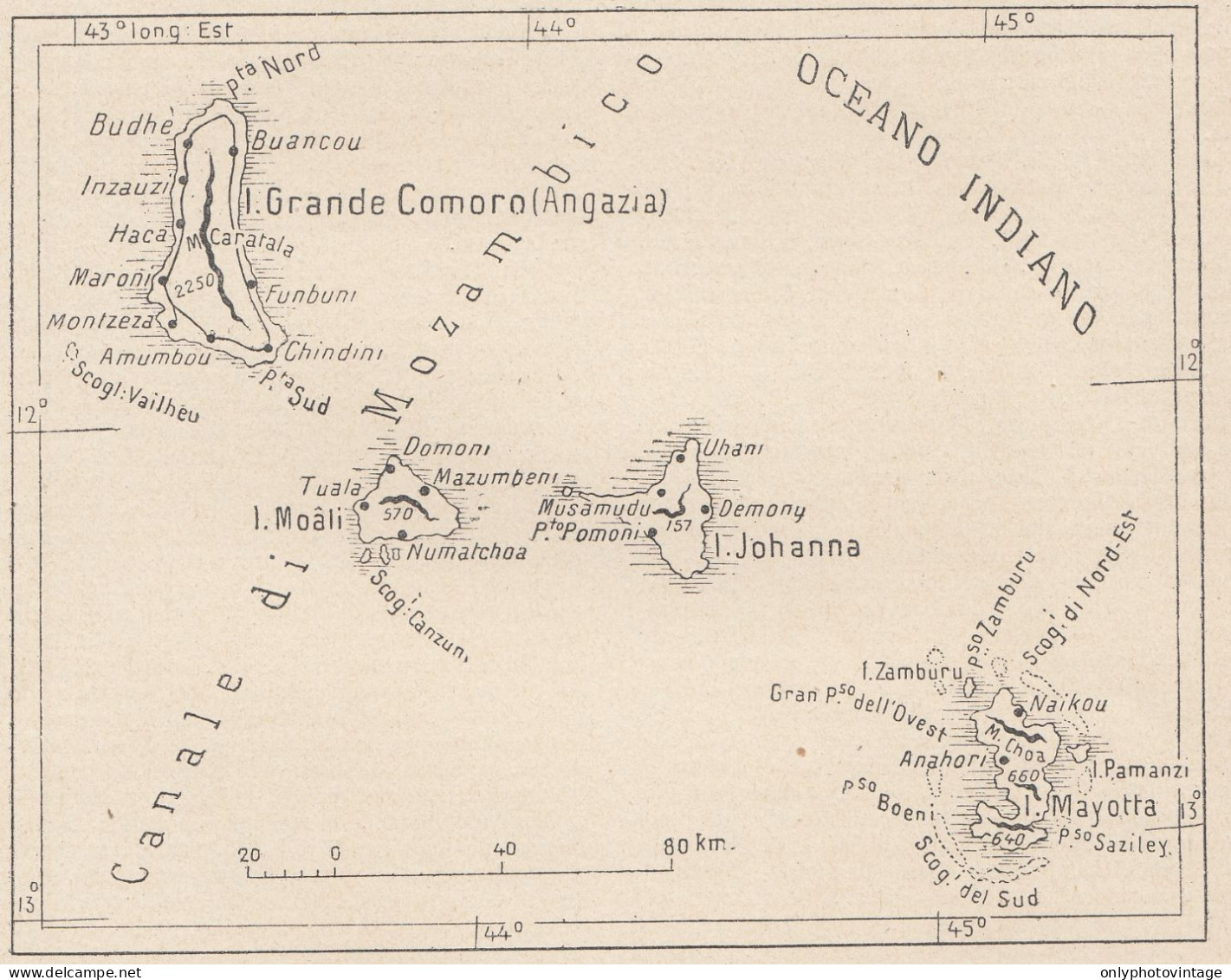 Africa, Isole Comore, 1907 Carta Geografica Epoca, Vintage Map - Landkarten
