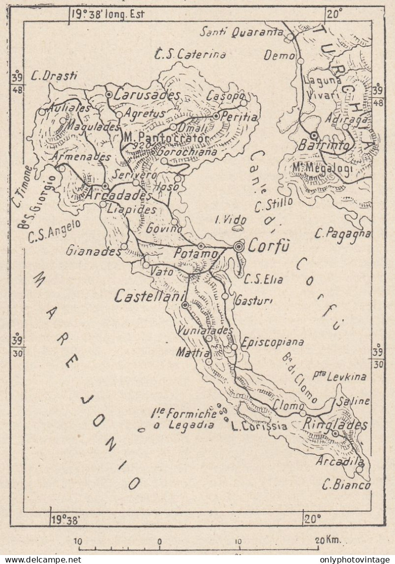 Grecia, Corfù, 1907 Carta Geografica Epoca, Vintage Map - Geographical Maps