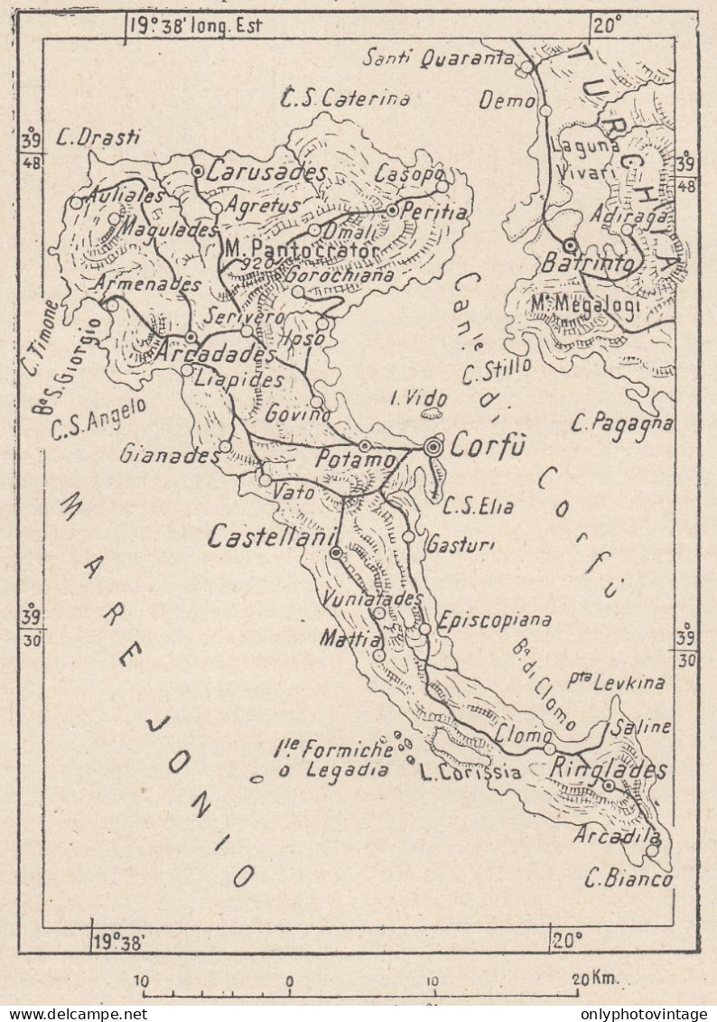 Grecia, Corfù, 1907 Carta Geografica Epoca, Vintage Map - Landkarten