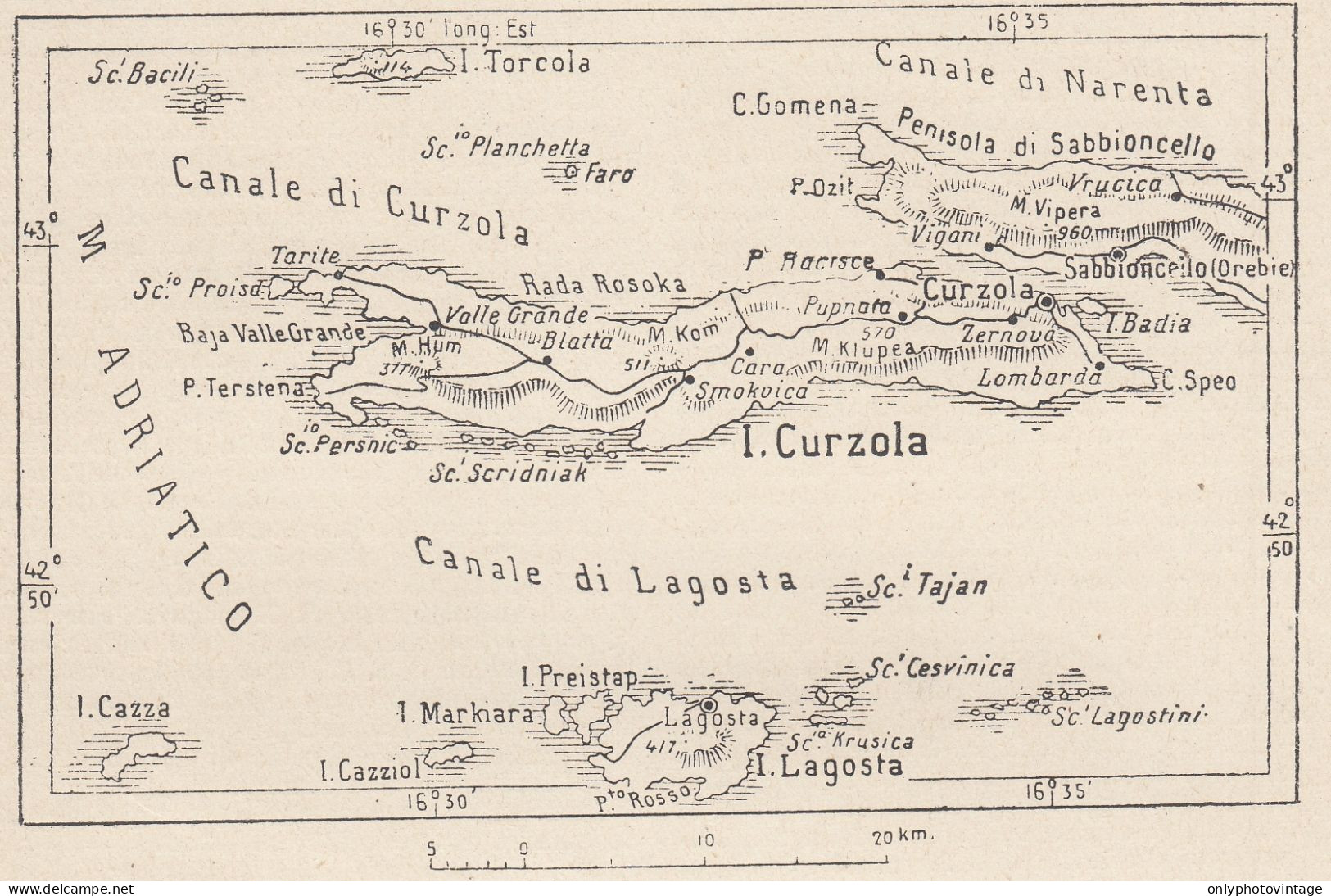 Croazia, Isola Di Curzola, 1907 Carta Geografica Epoca, Vintage Map - Cartes Géographiques