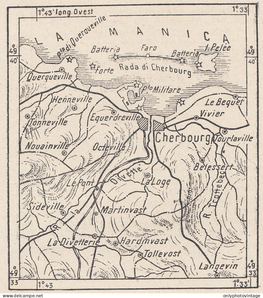 Francia, Cherbourg E Dintorni, 1907 Carta Geografica Epoca, Vintage Map - Carte Geographique