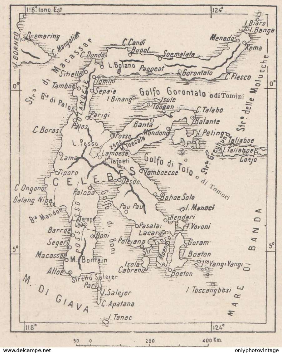 Indonesia, Celebes, Sulawesi, 1907 Carta Geografica Epoca, Vintage Map - Mapas Geográficas