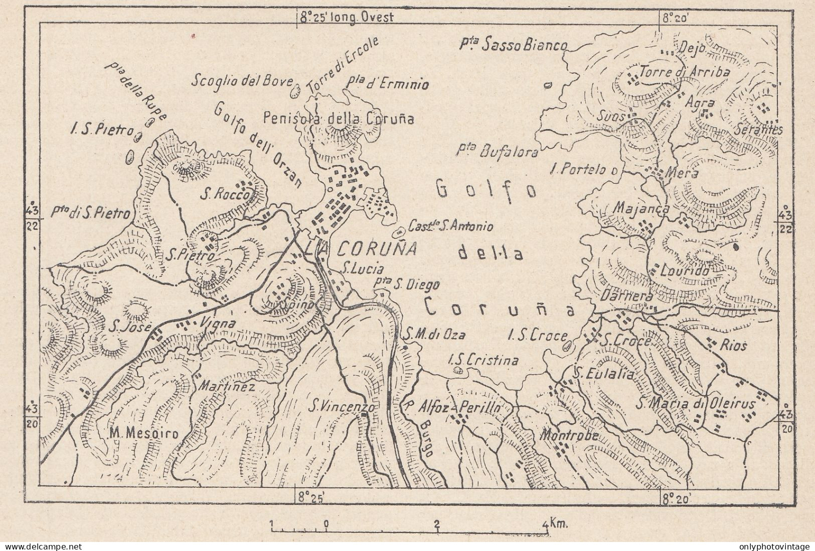 Spagna, La Coruña E Dintorni, 1907 Carta Geografica Epoca, Vintage Map - Geographische Kaarten