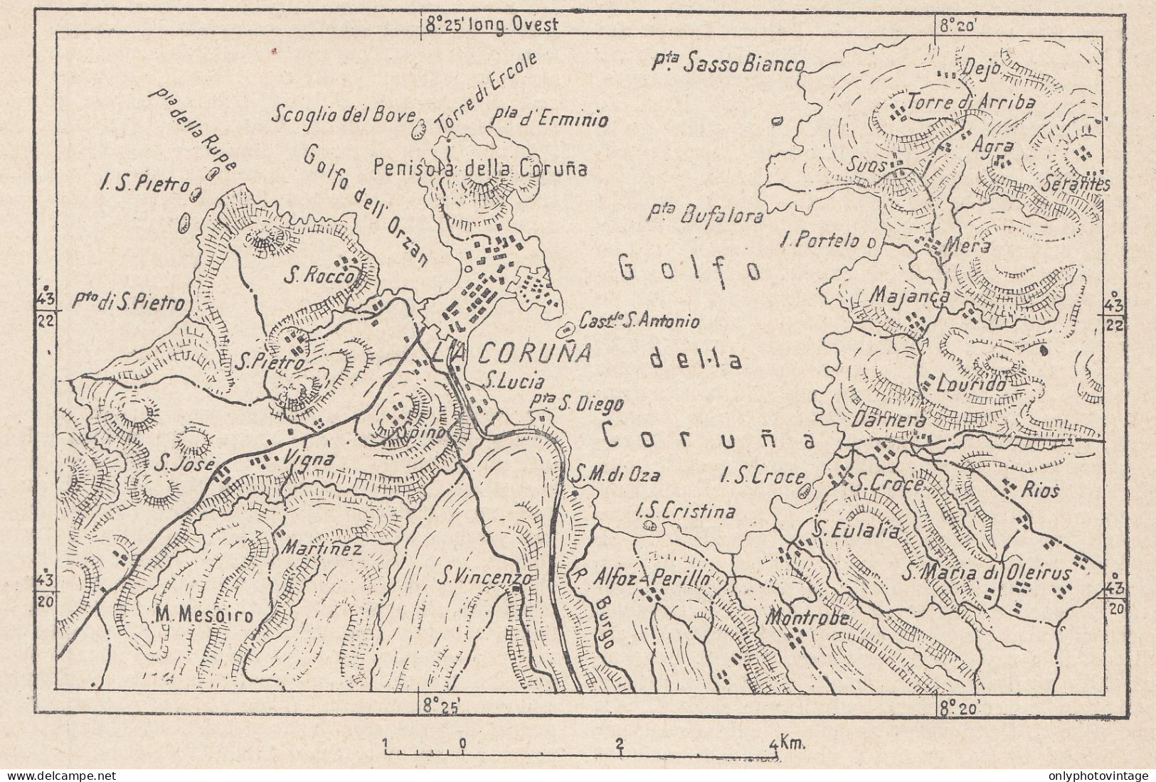 Spagna, La Coruña E Dintorni, 1907 Carta Geografica Epoca, Vintage Map - Cartes Géographiques