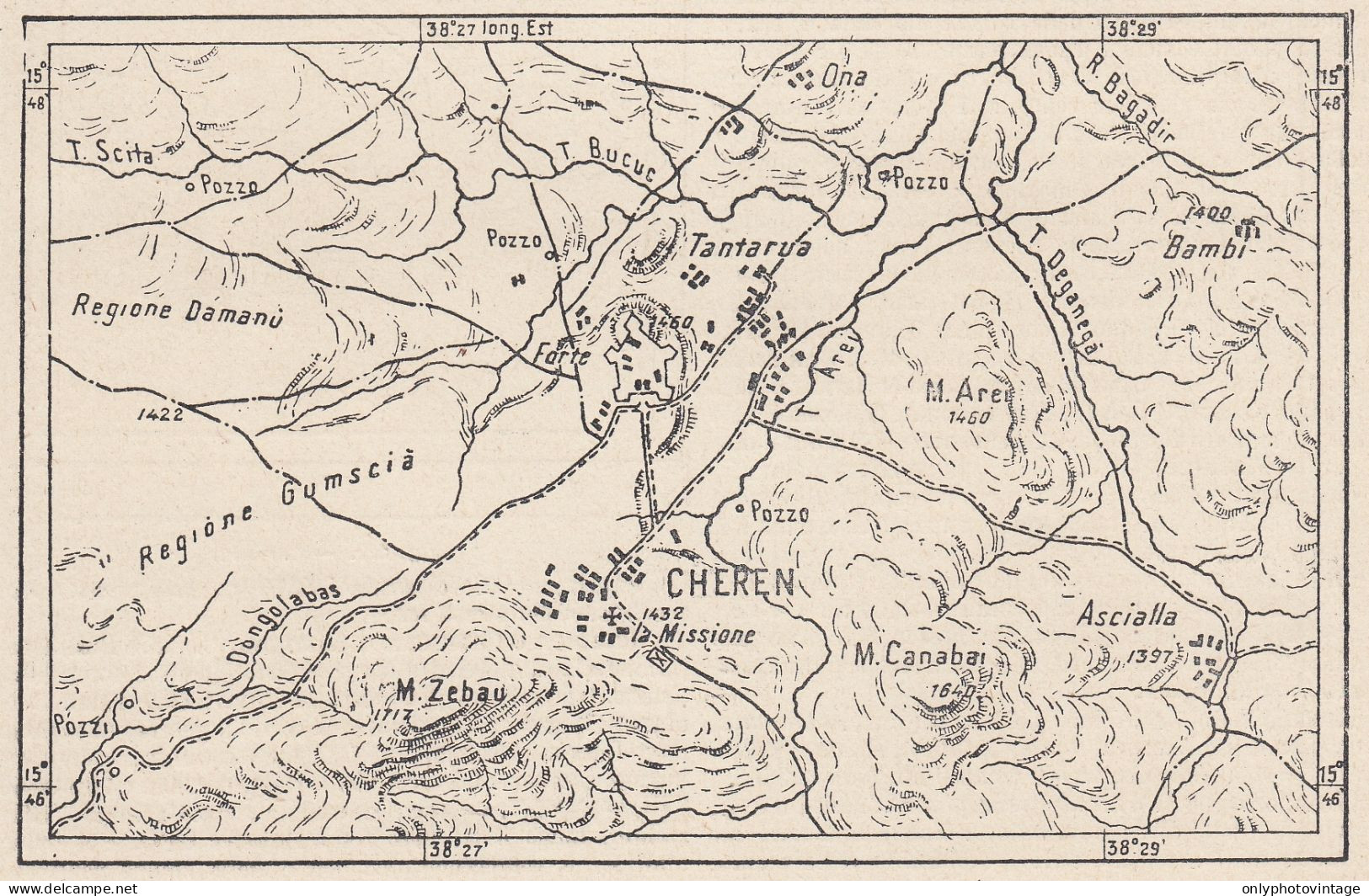 Eritrea, Cheren E Dintorni, 1907 Carta Geografica Epoca, Vintage Map - Mapas Geográficas