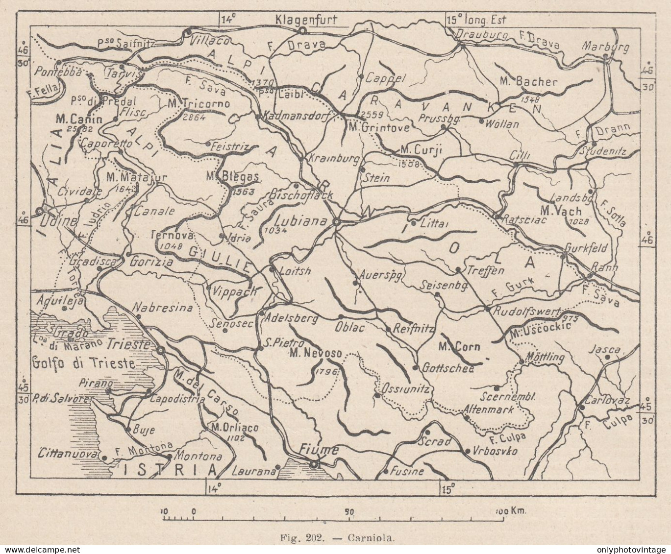 Slovenia, Carniola, Golfo Trieste, 1907 Carta Geografica Epoca Vintage Map - Mapas Geográficas
