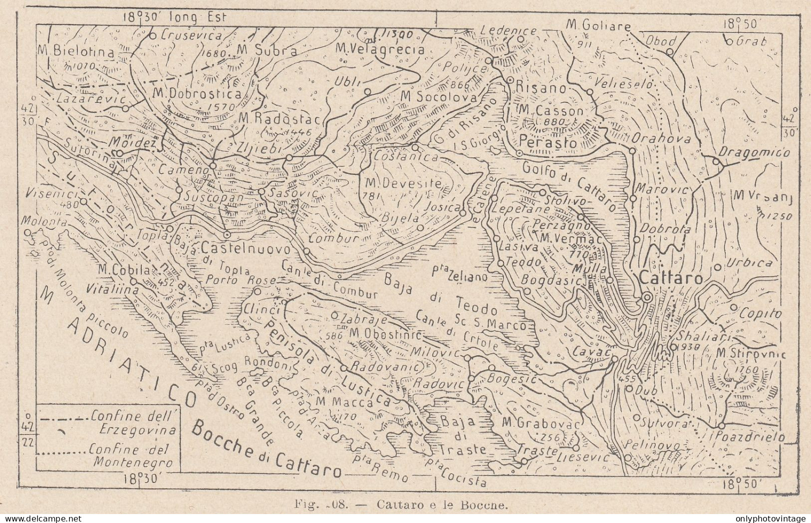 Montenegro, Cattaro E Le Bocche, 1907 Carta Geografica Epoca, Vintage Map - Cartes Géographiques
