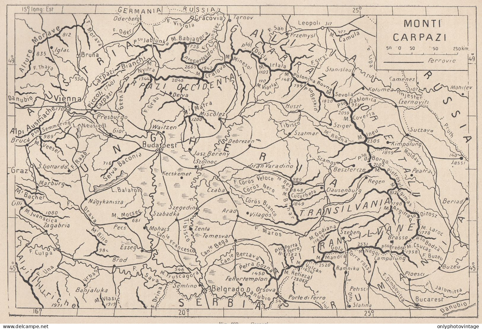 Monti Carpazi, Ungheria, Russia, 1907 Carta Geografica Epoca, Vintage Map - Mapas Geográficas