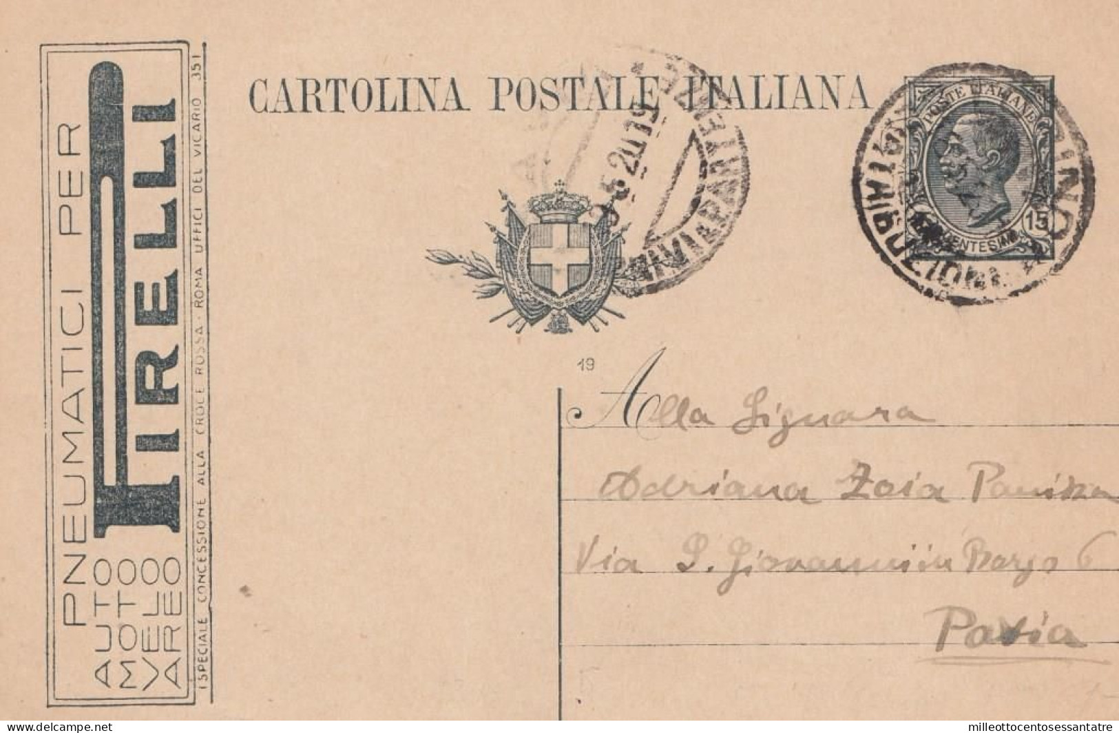 1839 - REGNO - Cartolina Postale Pubblicitaria Da Cent.15 Ardesia Del 1920 Da Torino A Pavia - Publicité