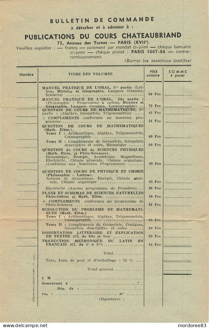 IRIS 80C SUR IMPRIME AU TARIF PARIS 10/3/1945 COURS BACCALAUEATS CHATEAUBRIAND POUR LA FLECHE SARTHE - 1939-44 Iris