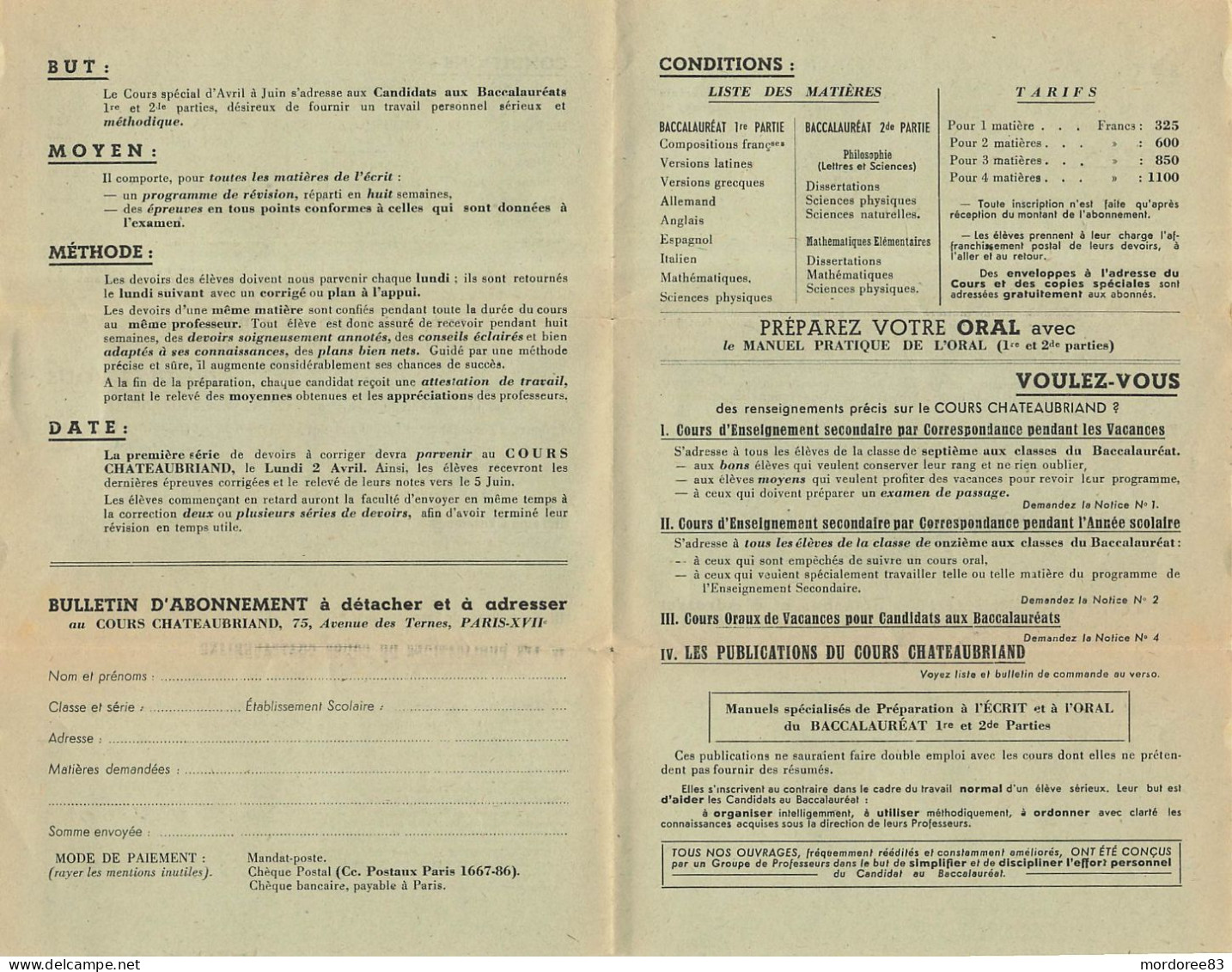 IRIS 80C SUR IMPRIME AU TARIF PARIS 10/3/1945 COURS BACCALAUEATS CHATEAUBRIAND POUR LA FLECHE SARTHE - 1939-44 Iris