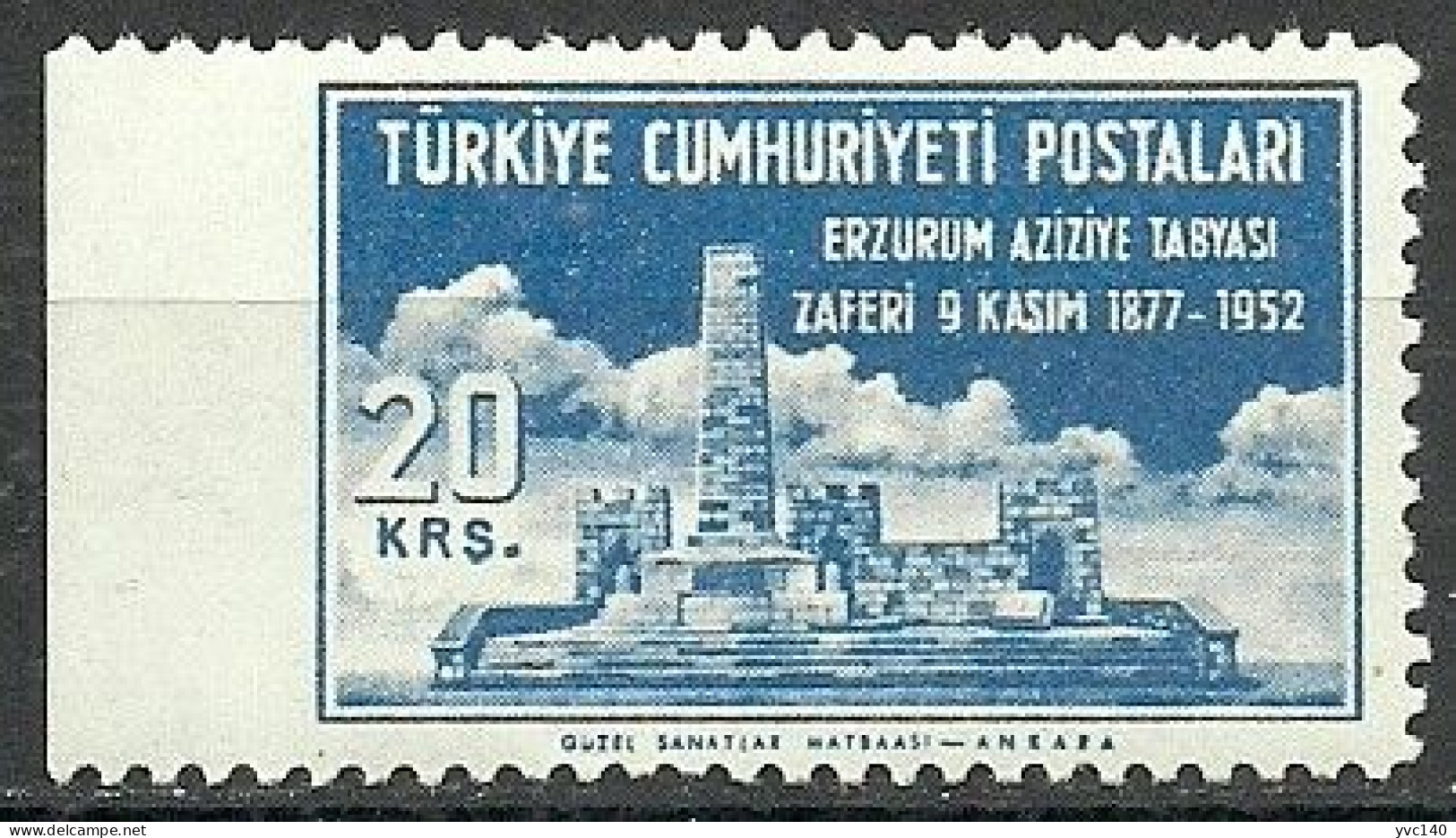 Turkey; 1952 75th Anniv. Of The Victory Of The Erzurum Aziziye Battle 20 K. ERROR "Imperf. Edge" - Unused Stamps