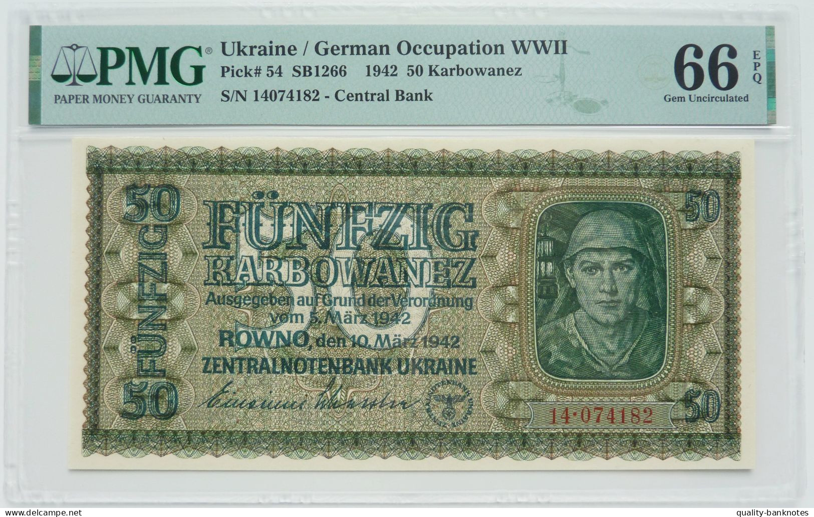 •Q-B• UKRAINE 50 KARBOWANEZ 1942 • P 54 • PMG 66 GEM UNC - Ucrania