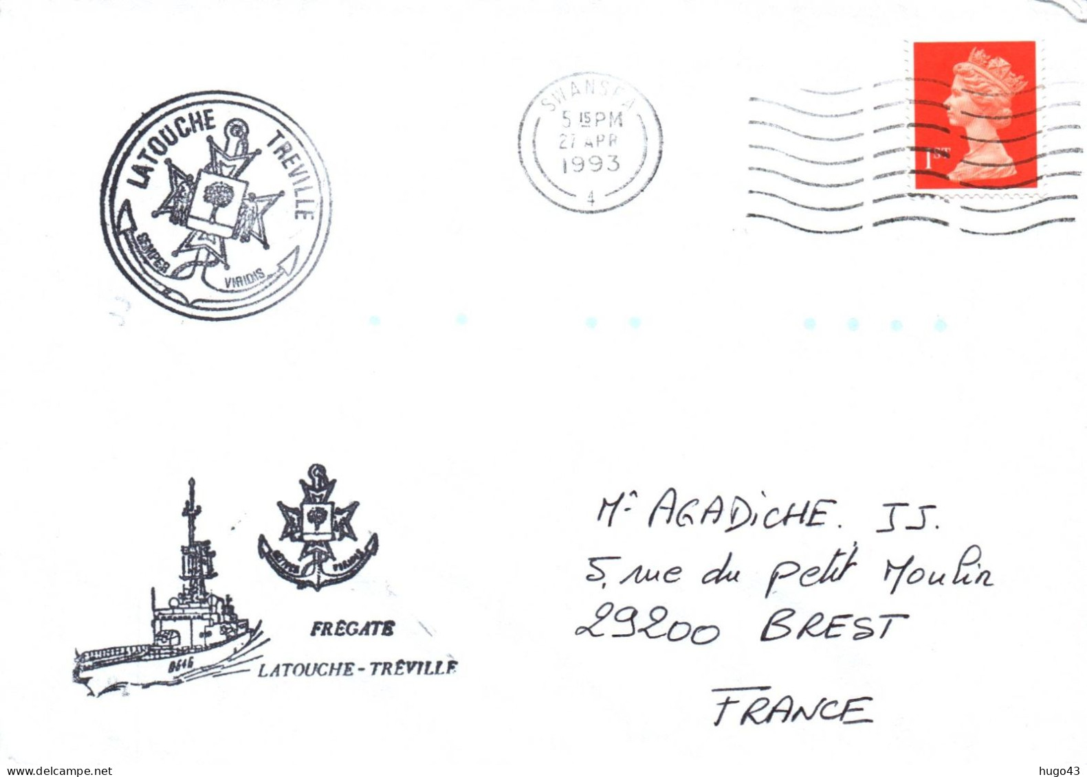 ENVELOPPE AVEC CACHET FREGATE LATOUCHE TREVILLE - ESCALE A SWANSEA LE 27 AVRIL 1993 - Posta Marittima