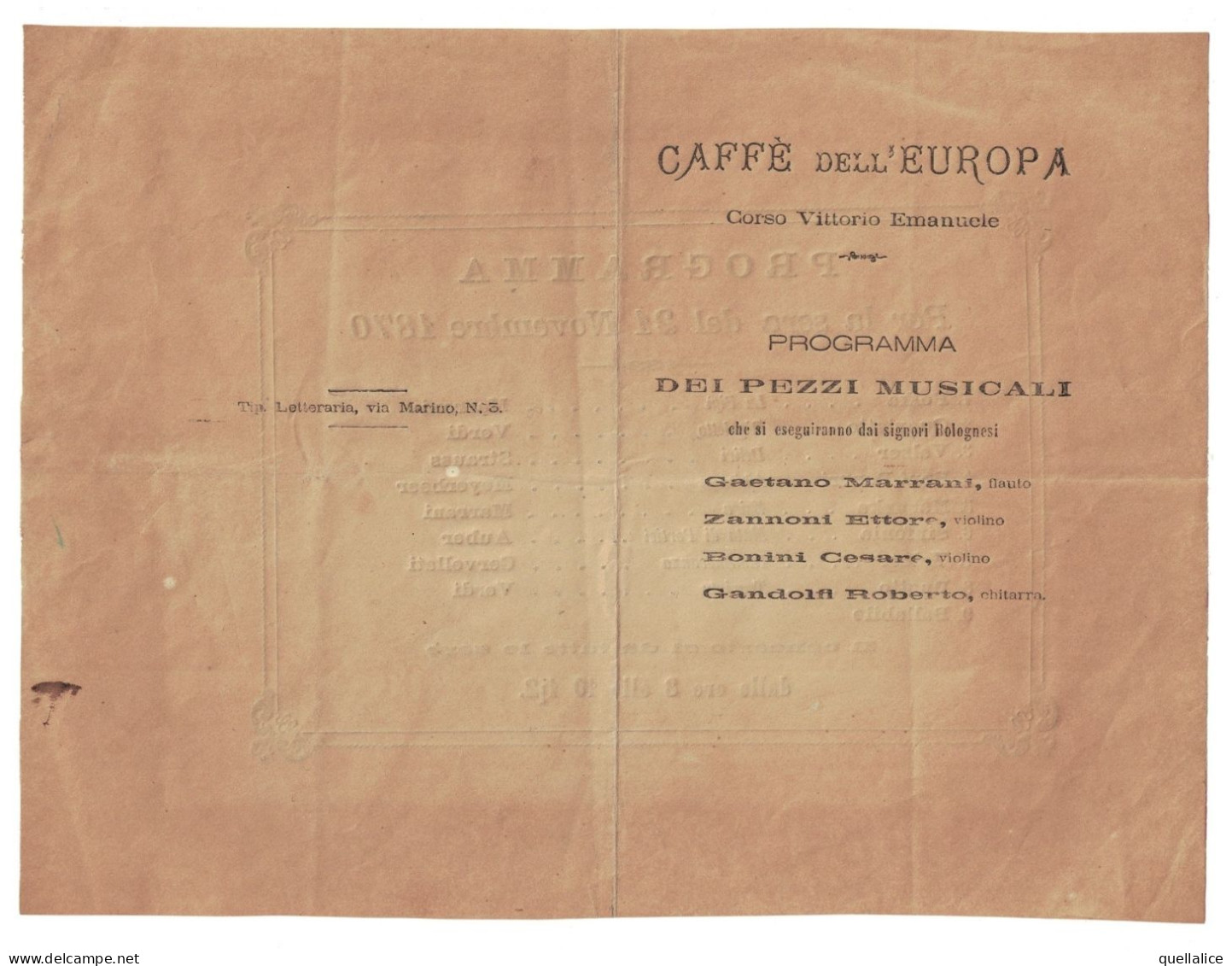 03913 "MILANO - CAFFE' DELL'EUROPA - PROGRAMMA DEI PEZZI MUSICALI - 21 NOVEMBRE 1870" ORIG. - Programmes