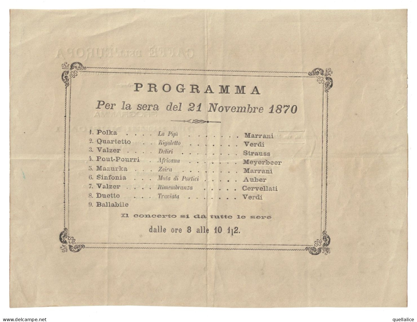 03913 "MILANO - CAFFE' DELL'EUROPA - PROGRAMMA DEI PEZZI MUSICALI - 21 NOVEMBRE 1870" ORIG. - Programas