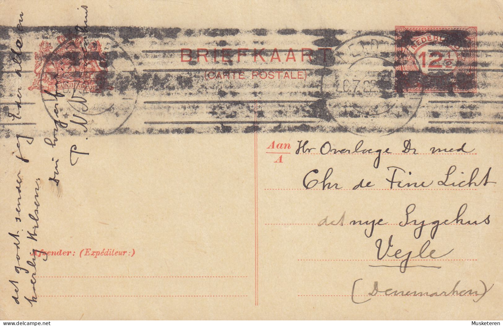 Netherlands Postal Stationery Ganzsache Entier 12½c. LEIDEN 1922 VEJLE Nye SYGEHUS (Hospital) Denmark (2 Scans) - Ganzsachen