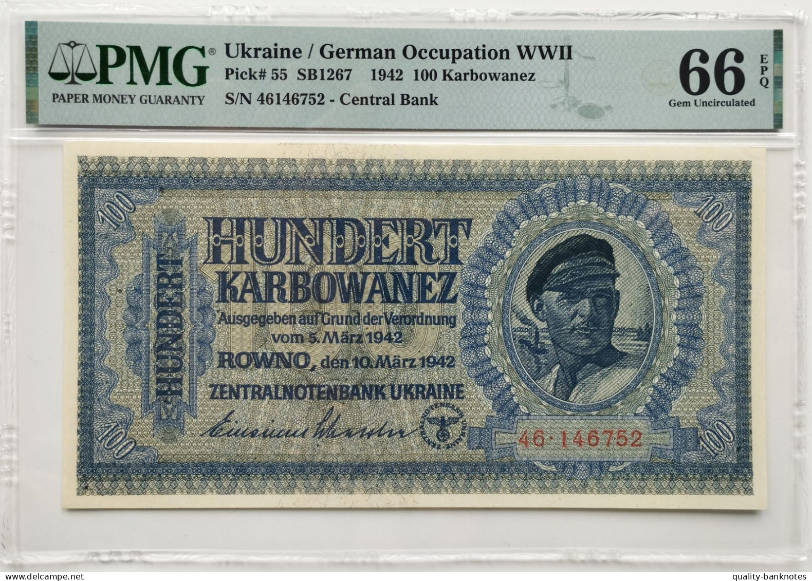 •Q-B• UKRAINE 100 KARBOWANEZ 1942 • P 55 • PMG 66 GEM UNC - Ucrania