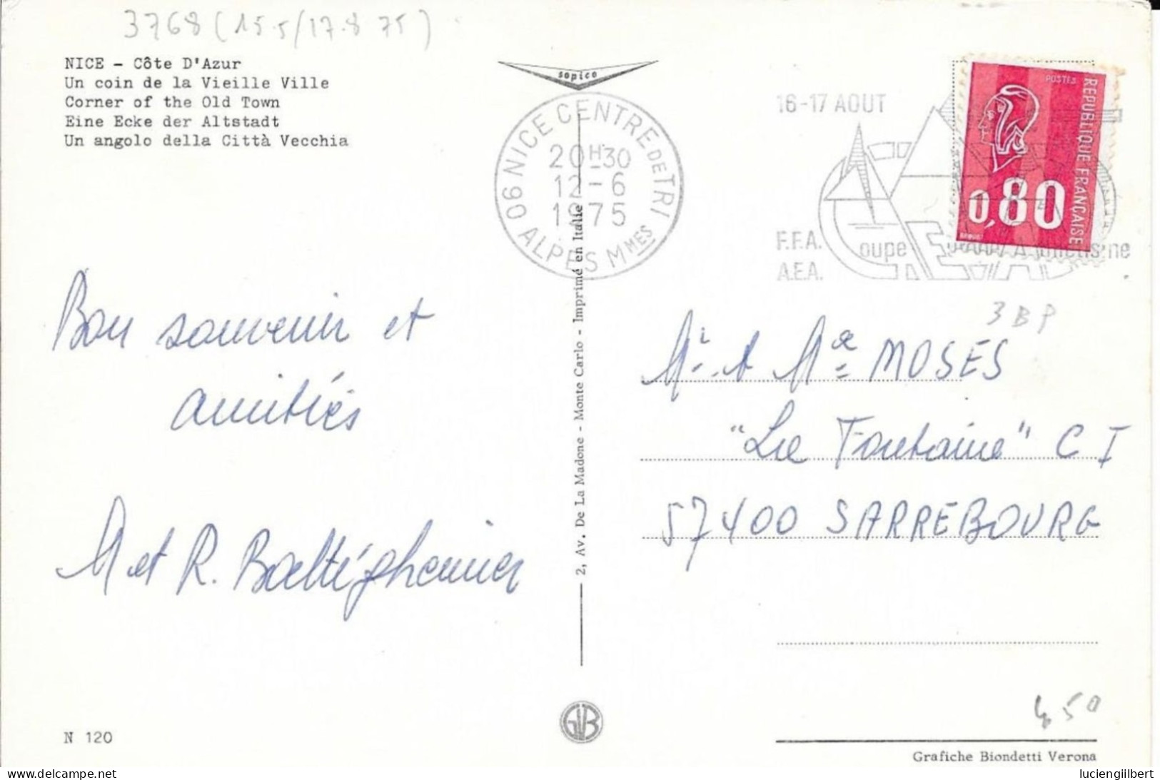 ALPES MARITIMES 06  -  NICE  - FLAMME N° 3768  16 17 AOUT NICE 75 FFA AEA D'EUROPE D'ATHLETISME - 1975 - Mechanical Postmarks (Advertisement)