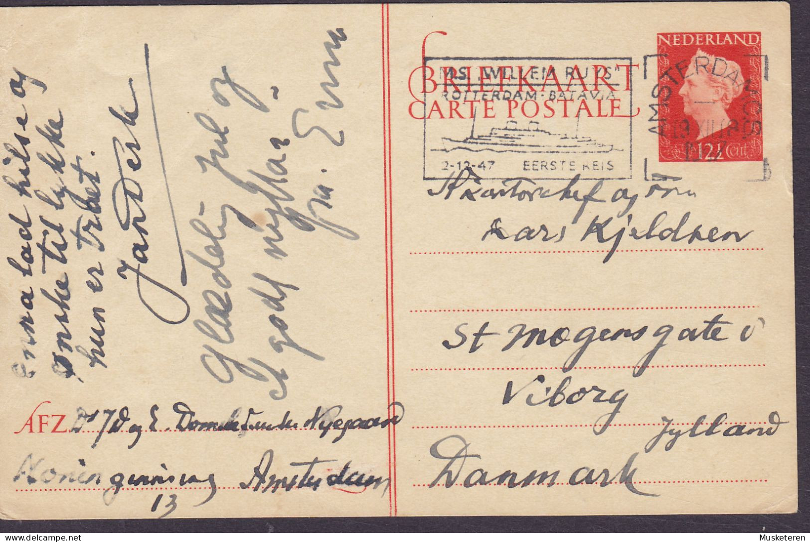 Netherlands Postal Stationery Ganzsache Entier 12½c. Wilhelmina 'M.S. Willem Ruys' AMSTERDAM C.S. 1947 VIBORG Denmark - Postal Stationery