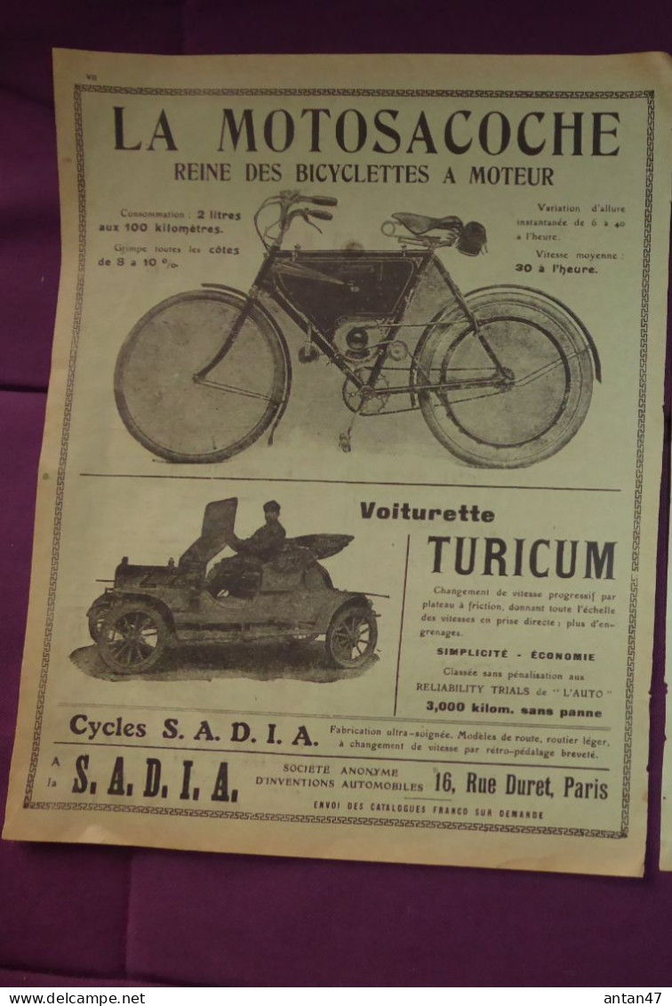 Pub TOURING CLUB 1910 / MOTOSACOCHE Bicyclette Moteur, Voiturette TURICUM / Cycles CLEMENT/ Auto VINOT DEGUINGAND - Publicités