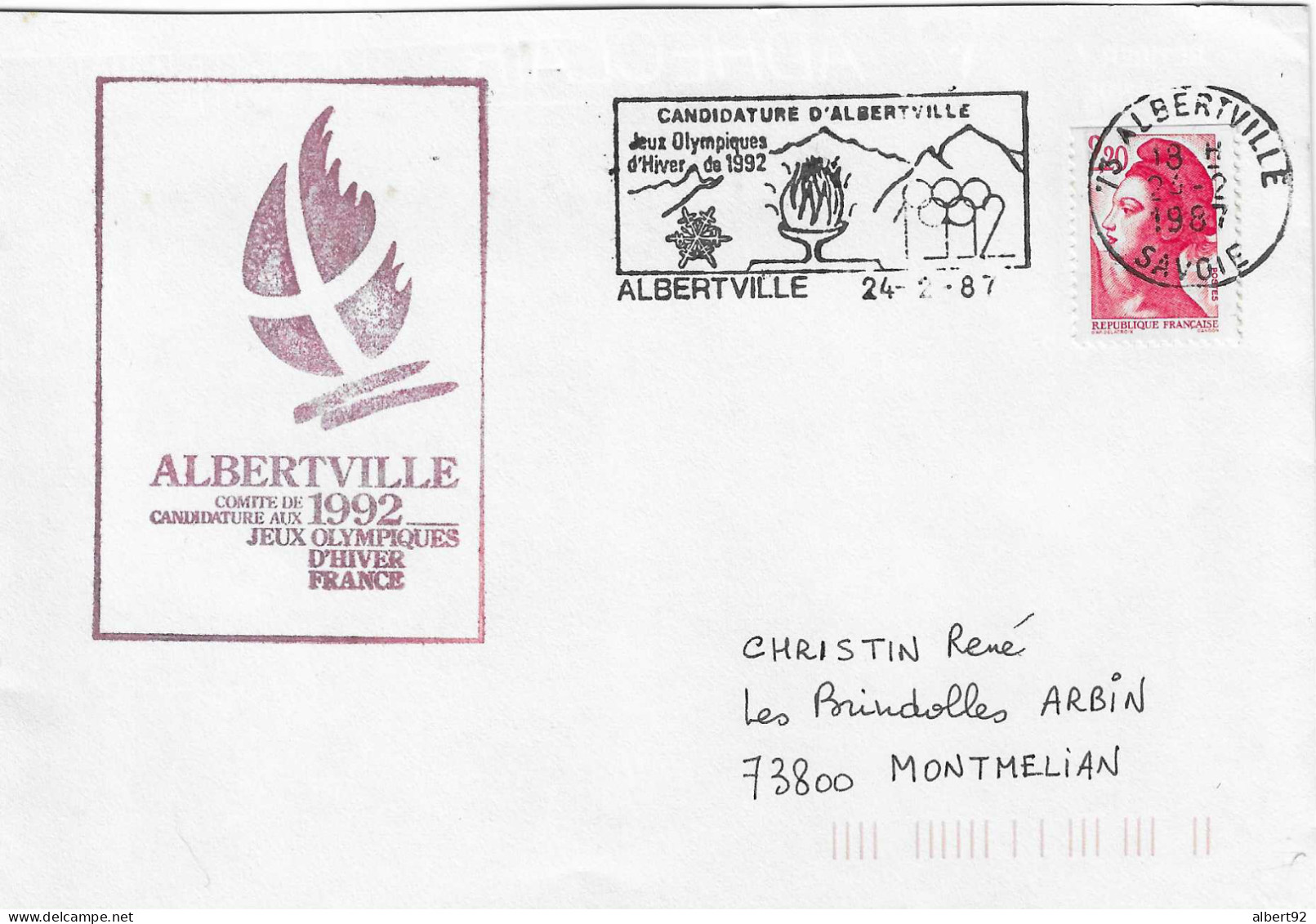 1987 Candidature D'Albertville Aux Jeux Olympiques D'Hiver 1992: Flamme Postale + Cachet Du Comité De Candidature - Winter 1992: Albertville