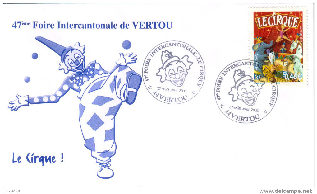 44 VERTOU  Le Cirque  à La 47éme Foire Bureau Temporaire 27-28 Avril 2002 Théme Clown - Commemorative Postmarks