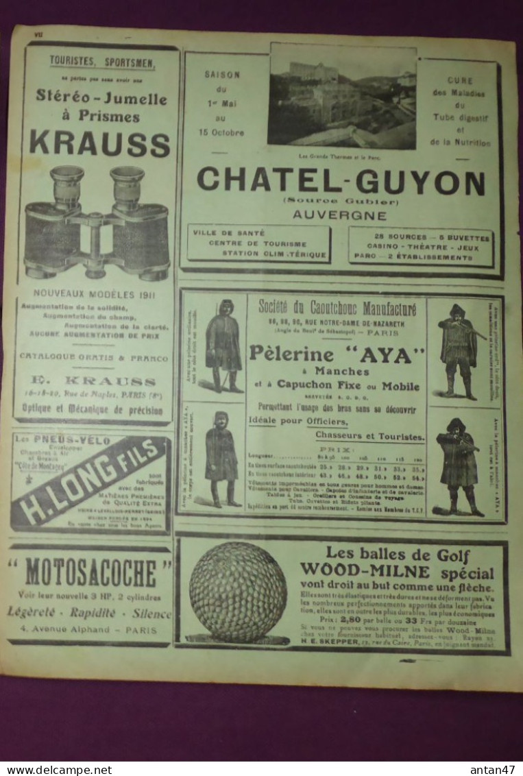 Pub TOURING CLUB 1911 / Enveloppe VELO MICHELIN / Moyeu BSA Vélo / Jumelles KRAUSS / Pélerine AYA  Balle Golf WOOD-MILNE - Advertising