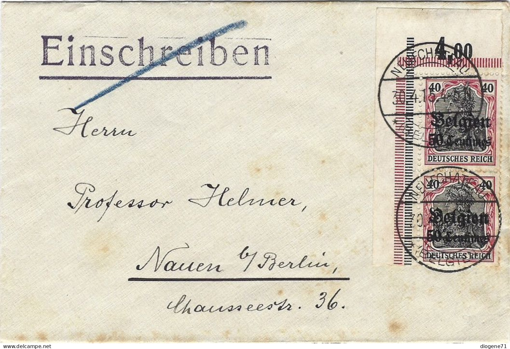 Lettre Recommandée Einschreiben WK 1 Belgien 30.4.1915 Deutsches Reich 2 X 50 Centimes Neufchateau Vers Nauen B/Berlin - Bezetting 1914-18