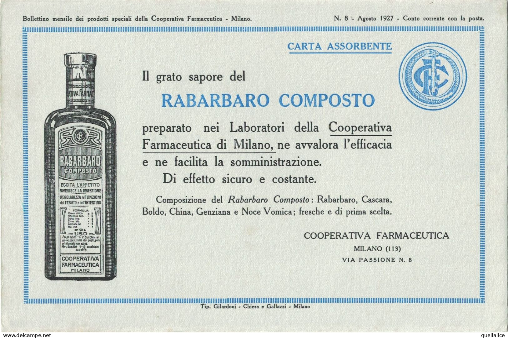 03914 " IL GRATO SAPORE DEL - RABARBARO COMPOSTO - LABORATORI COOPERATIVA FARMACEUTICA MI" CARTA  ASS. PUBB. 1927 ORIG. - Autres & Non Classés