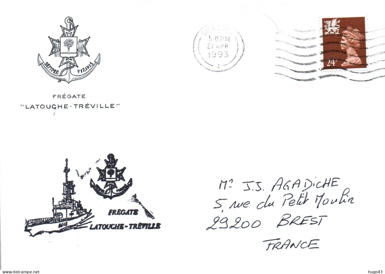 ENVELOPPE AVEC CACHET FREGATE LATOUCHE TREVILLE - ESCALE A SWANSEA LE 27 AVRIL 1993 - Poste Navale